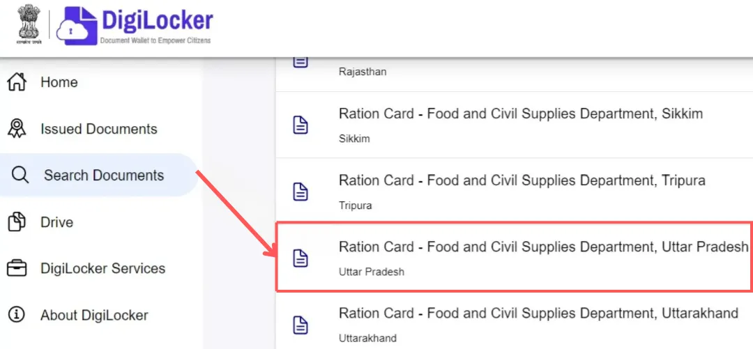 UP Ration Card search by DigiLocker